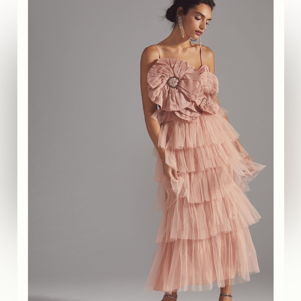 Anthropologie Kavita Bhartia Rosette Midi Tiered Tulle Gown